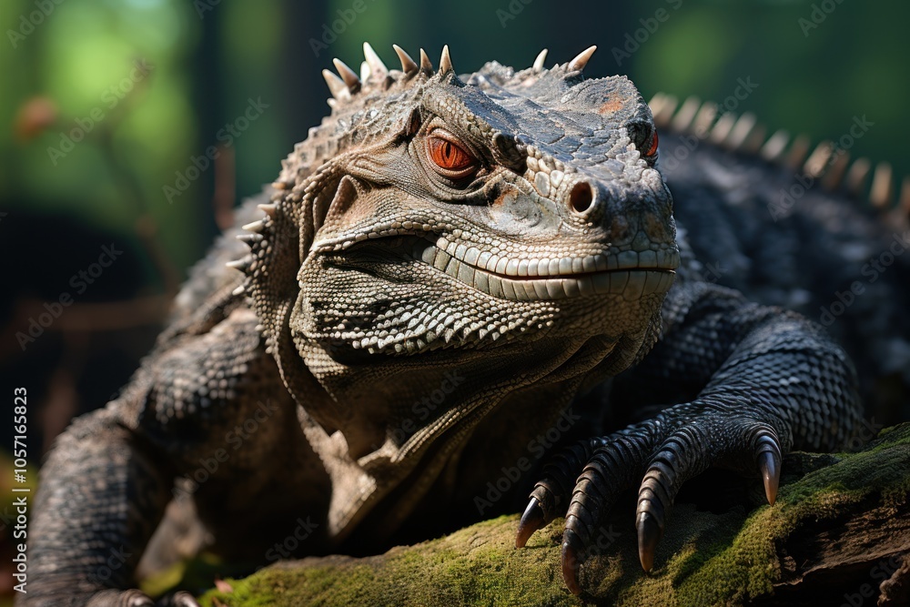 Poster a close-up of a textured reptile resting on a branch in a lush, green environment.