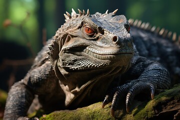 Obraz premium A close-up of a textured reptile resting on a branch in a lush, green environment.