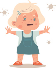 kids_sickDiseases that spread in kindergartens. Girl  in daycare suffering from skin spots. HFMD, allergy, diathesis, irritation, spots, chickenpox, skin, acne, enterovirus