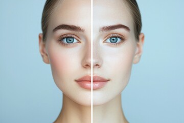 Before and after beauty treatment, glowing skin, clear difference, modern clinic background, blank space for text