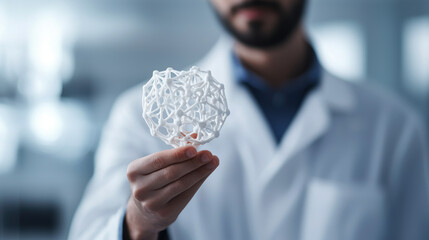 A researcher in a lab holds a delicate, intricate structure, symbolizing advanced scientific exploration and innovation in materials or biotechnology.
