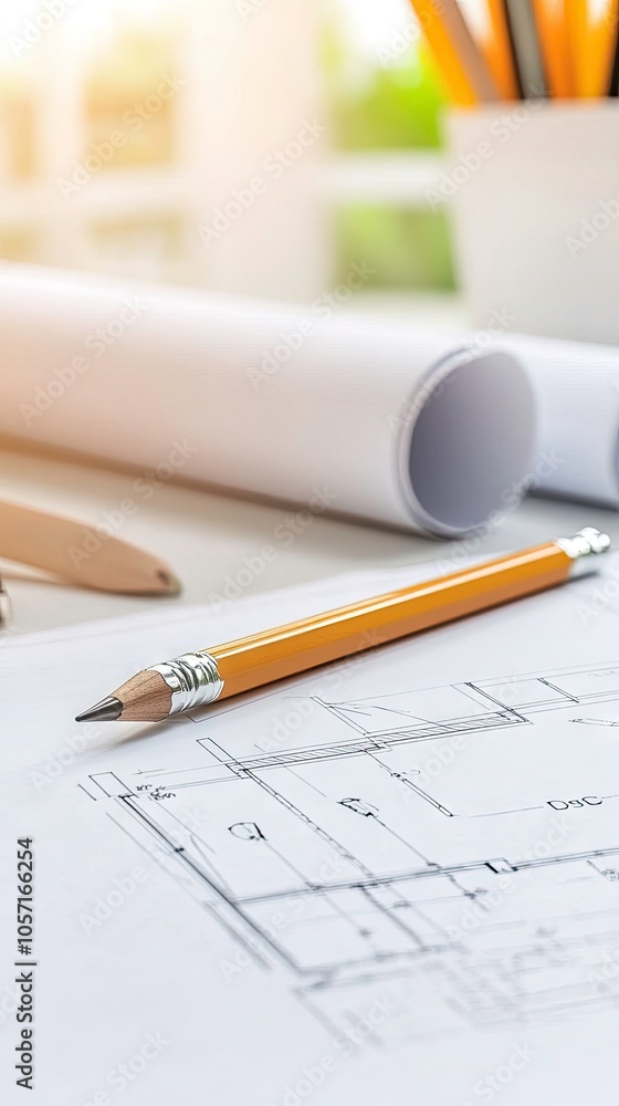 Poster exploring the artistry of architectural blueprints and tools for construction design in a creative w