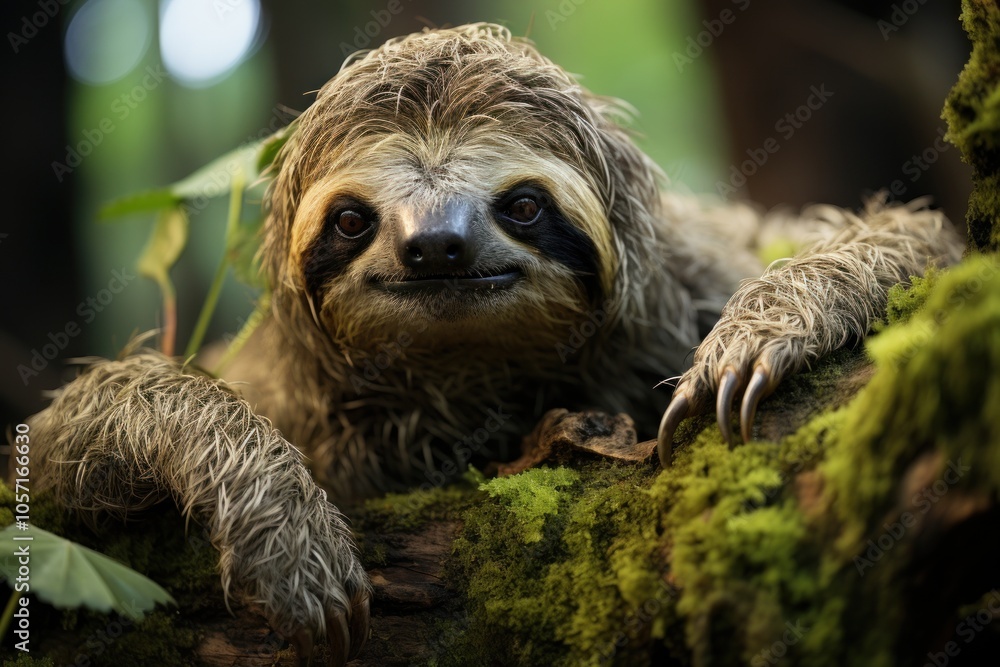 Poster a close-up of a sloth resting on a moss-covered branch in a lush forest environment.