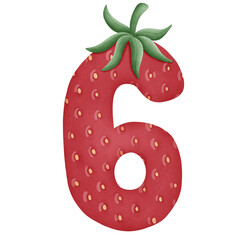 Watercolor number 6 letter with red strawberry
