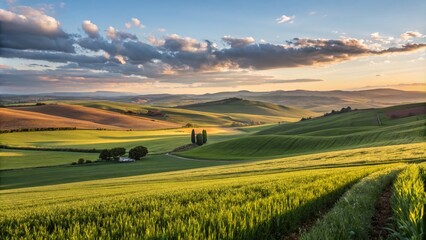 Obraz premium Serene Farming Fields in Morning Light - Captivating Rural Landscape Photography