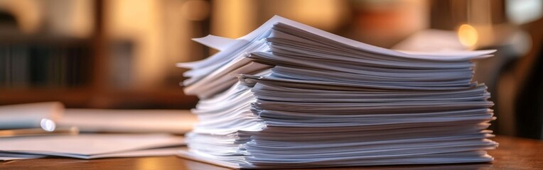 A large pile of organized papers sits on a wooden table, illuminated by soft natural light, creating a warm and inviting workspace atmosphere