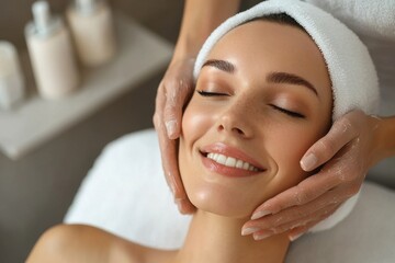 Close-up of a smiling woman receiving a facial treatment at a beauty clinic. Professional therapist, clean environment, relaxed client. Ideal for commercial use with blank space.