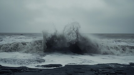 Obraz premium A powerful wave crashes against a black sand beach, creating a dramatic spray.