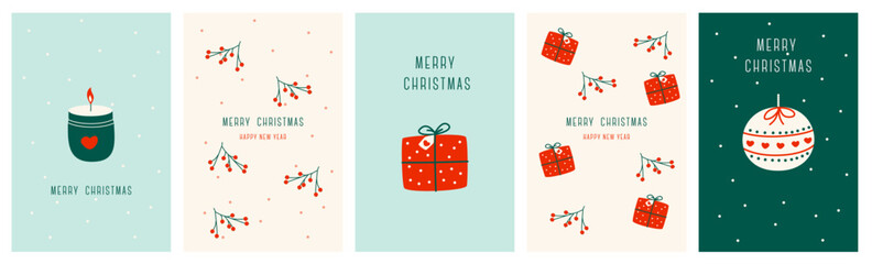 Set Christmas cards with Christmas gift, candle, ball, christmas elements. Vector illustrations