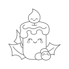 Kawaii Christmas candle. Cute winter black and white character. New Year's Children's Coloring Book