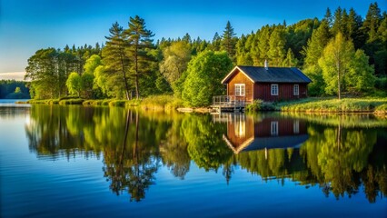 Obraz premium Serene Minimalist Cottage by the Lake in Sweden Near the Baltic Sea