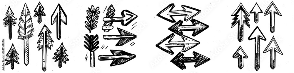 Poster symbols of direction scribble with sketchy lines and arrows.