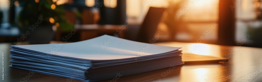 Poster a stack of papers sits neatly on a wooden desk, illuminated by the warm glow of evening sunlight fil