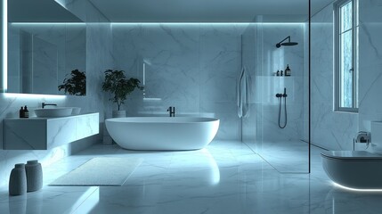 Modern bathroom with marble finishes and ambient lighting.