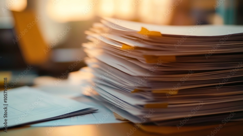 Poster a clutter of neatly stacked papers sits on a desk, bathed in soft golden afternoon light, highlighti