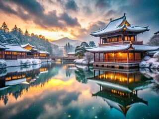 Obraz premium Serene Winter Long Exposure of Traditional Chinese Ancient Buildings Surrounded by Snow