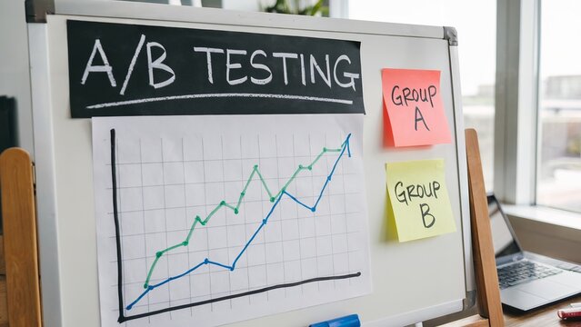 A/B testing whiteboard with a graph showing successful results.