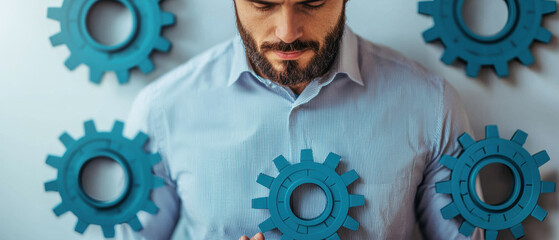 A man contemplates various blue gears, representing problem-solving, innovation, and mechanical processes in a thoughtful business environment.