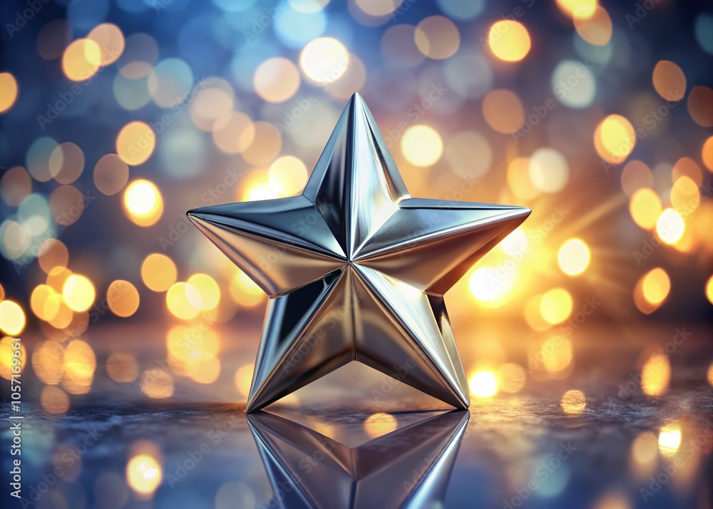 Poster shiny 3d star design with smooth metallic surface in bokeh background for creative projects