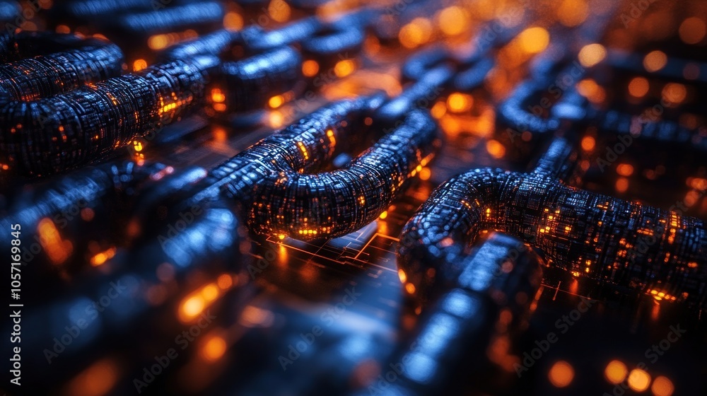 Poster abstract representation of interconnected digital chains with glowing nodes.