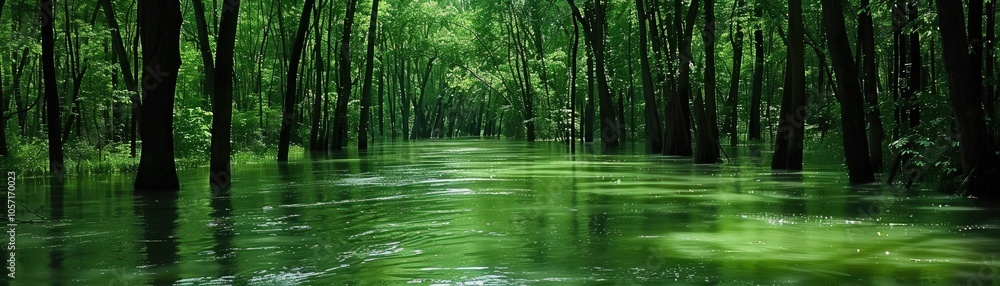 Aufkleber a forest with a stream of water running through it