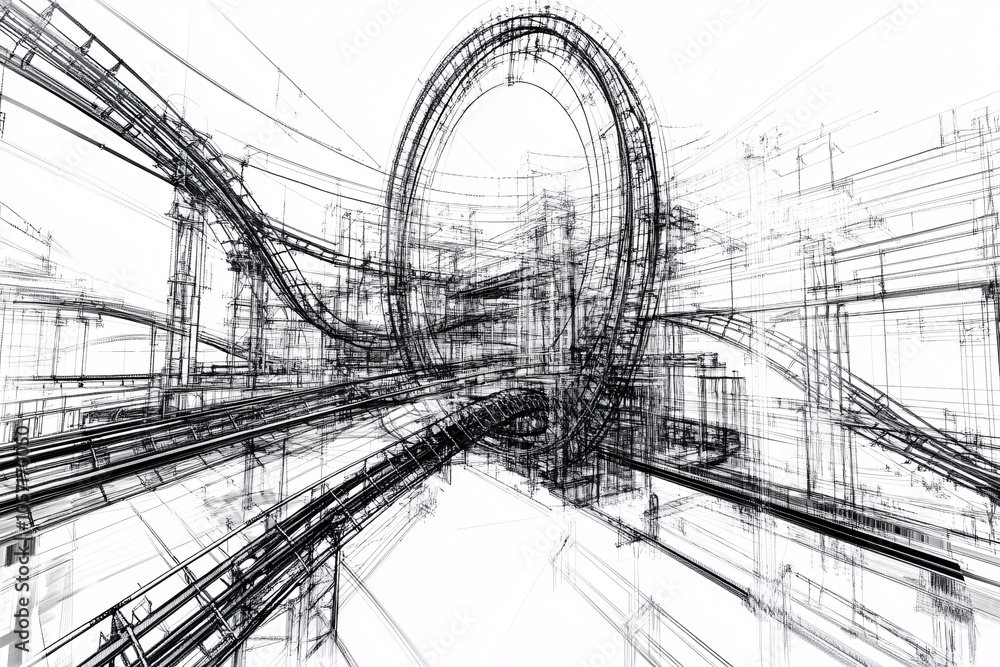 Poster an abstract blueprint showcasing a roller coaster with loops and tracks drawn in detailed black line