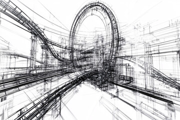 Obraz premium An abstract blueprint showcasing a roller coaster with loops and tracks drawn in detailed black lines on white background highlighting engineering complexity 
