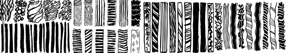 Poster seamless doodle prints with minimalistic sketch shapes. black and white backgrounds with strokes or 