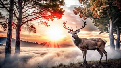 Silhouette of Adult Deer in Misty Forest at Sunset - Tranquil Wilderness Landscape Photography