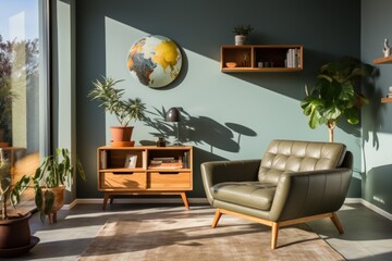A cozy living room featuring plants, a globe, and stylish furniture.