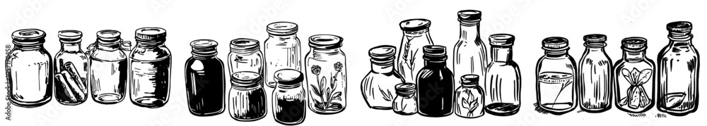 Poster a doodle jar. hand drawn empty glass preserve canning with lids and handles. a romantic lantern with