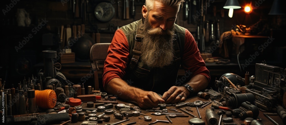Poster a craftsman meticulously working with tools in a workshop filled with various instruments.
