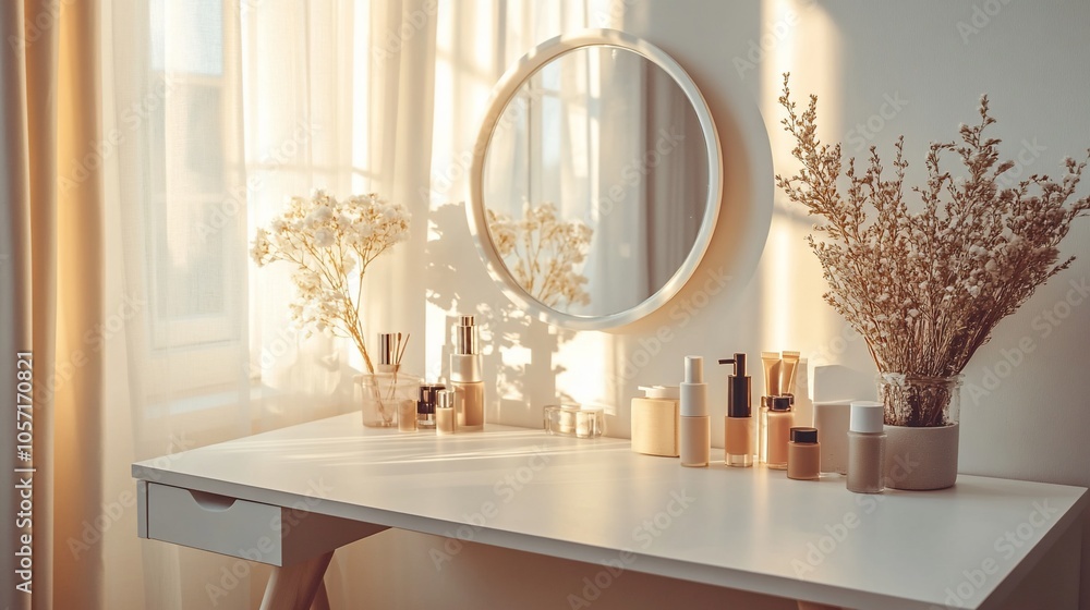 Poster a white vanity table with a round mirror, a vase with dried flowers, and several bottles of cosmetic