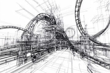 A conceptual roller coaster design in black and white with loops and curves forming a dynamic blueprint style drawing emphasizing structure and form
