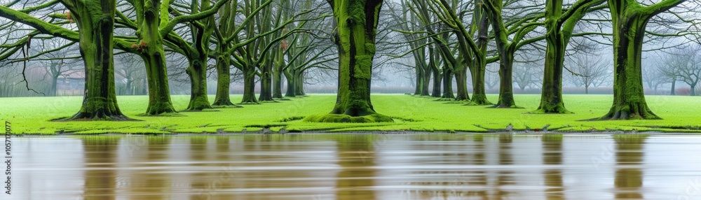 Poster a row of trees with green leaves and a pond in the background