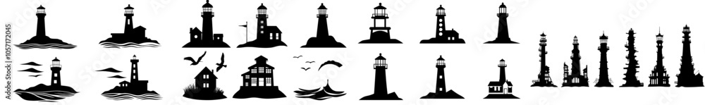 Poster set of lighthouse icons. nautical navigation light tower. seaside architecture. beacon and symbol of