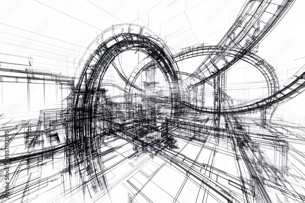 Aufkleber black and white abstract architectural sketch featuring overlapping bridges and arches, creating a f