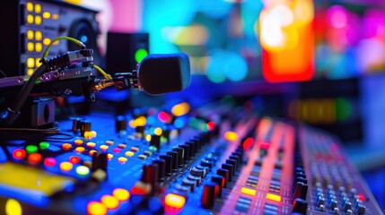 Close-up of a Microphone and Audio Mixing Console