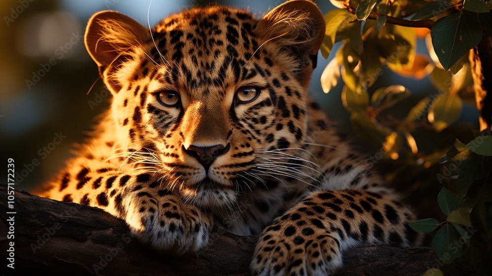 Poster a close-up of a resting leopard with striking fur patterns in a natural setting.