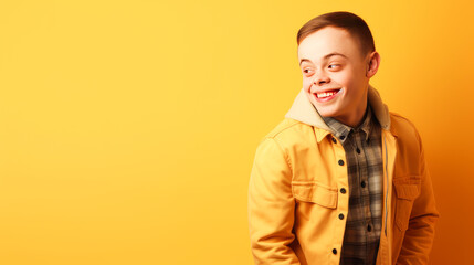 Obraz premium Portrait of smiling laughing teenager guy with Down syndrome yellow background.