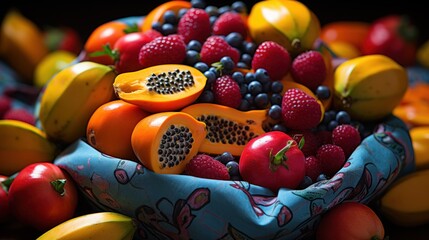 A vibrant display of assorted fruits in a decorative bowl, emphasizing freshness and abundance.