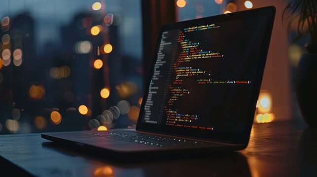 Laptop with Code on Screen in Evening Light