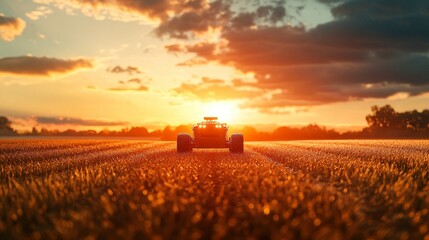 A futuristic autonomous robotic vehicle works diligently on a vast agricultural field under the bright sky, showcasing advanced farming technology for improved crop yields