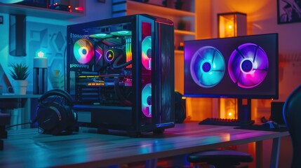 RGB Illuminated Gaming Setup with PC and Headphones
