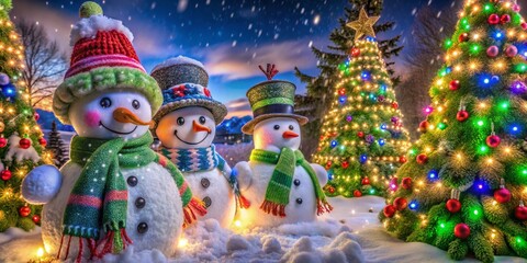 Fototapeta premium Snowmen Decoration in Winter Wonderland - Enchanting Winter Scene with Snow-Covered Trees and Festive Ornaments
