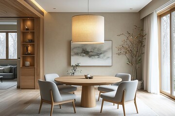 Fototapeta premium Mid century Modern Interior in Dining Room with hanging walls with art frames and dining tables and chairs. Generative AI 