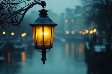 A Single Streetlamp Illuminates a Foggy Cityscape at Night