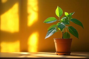 A potted plant with green leaves in sunlight on a wooden surface