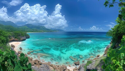 Fototapeta premium Panoramic View of a Tropical Coastline with Lush Green Foliage and Turquoise Waters