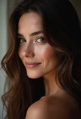 Fototapeta premium Woman with long brown hair is smiling and looking at the camera. Concept of confidence and beauty